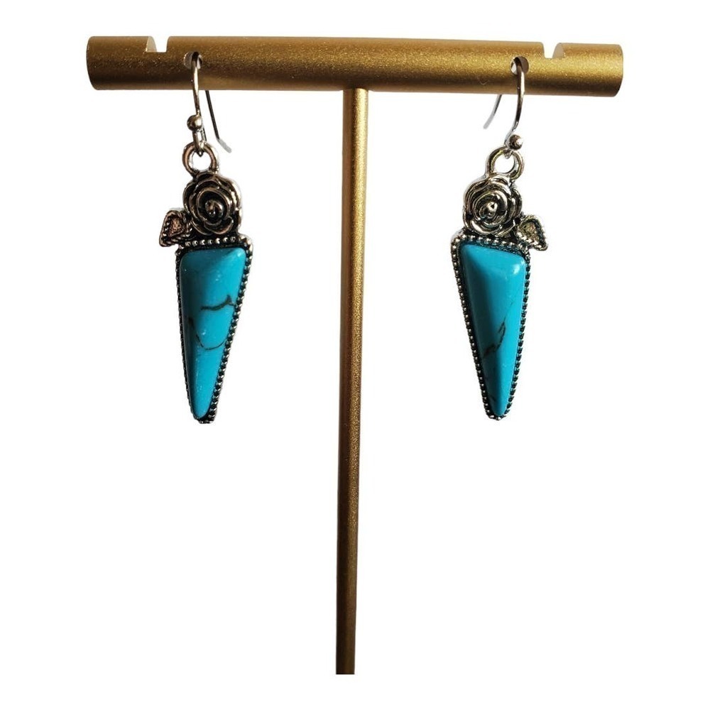 Synthetic Turquoise Triangle Drop Dangle Rose 925 Silver Plated Boho Earrings